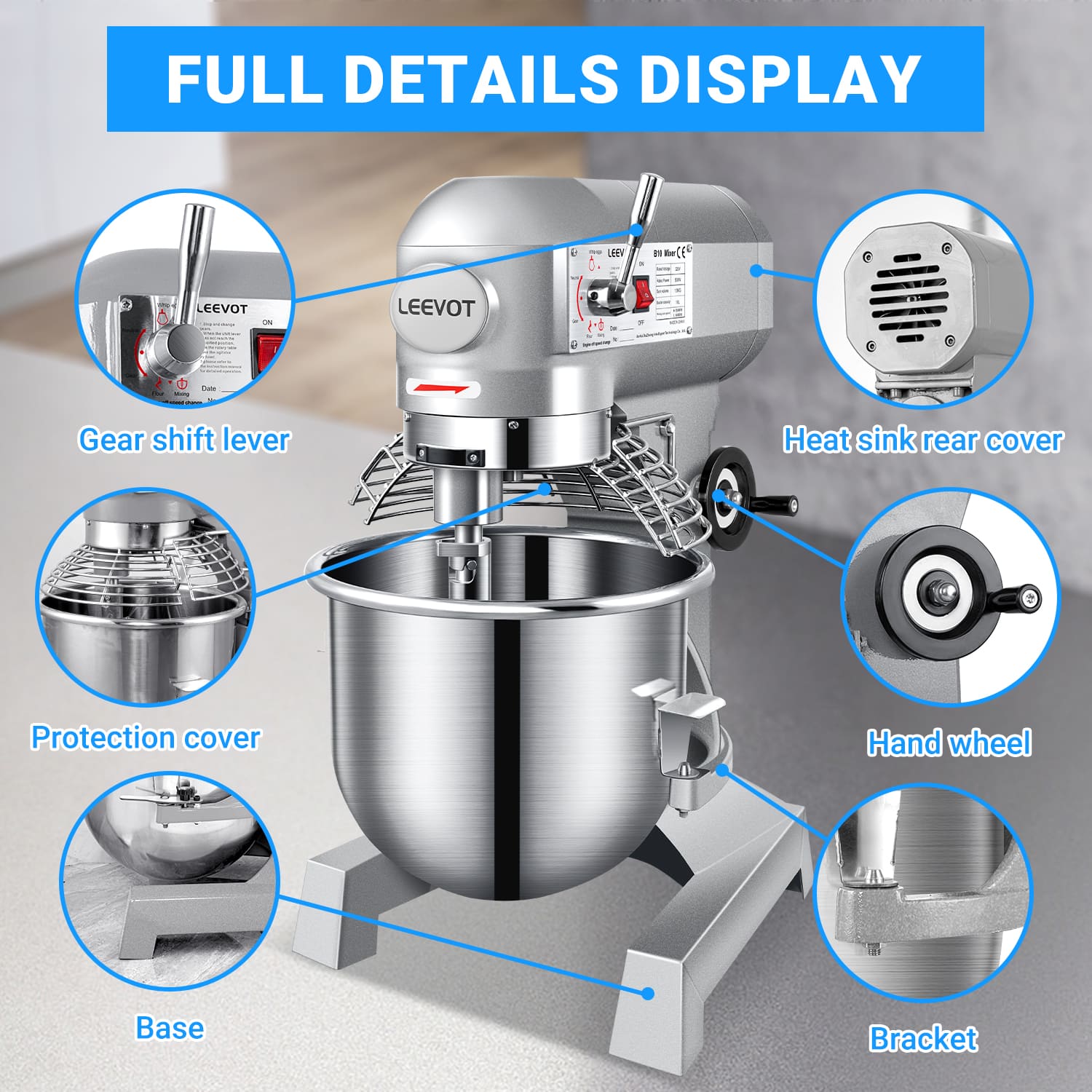 Leevot B10 Commercial Stand Mixer - Versatile Operation with Guard & Standard Accessories