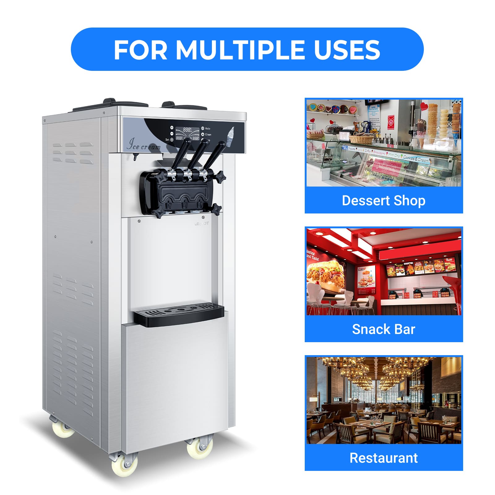 Leevot Commercial Soft Serve Ice Cream Machine - Floor Model, 3 Flavors, 2 Hoppers, 3 Dispensers for Restaurants and Snack Bars