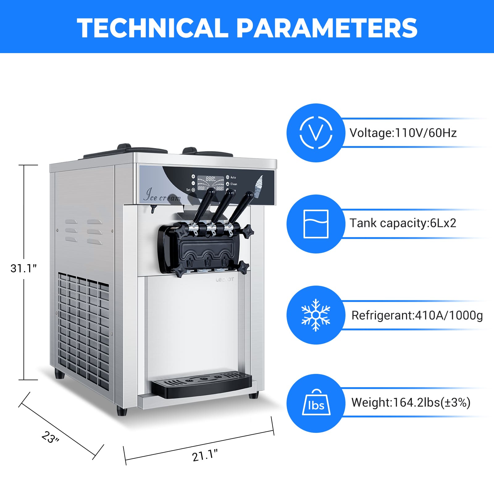 Leevot Commercial Soft Serve Countertop Ice Cream Machine with 2 Hoppers and 3 Dispensers for Restaurants and Snack Bars