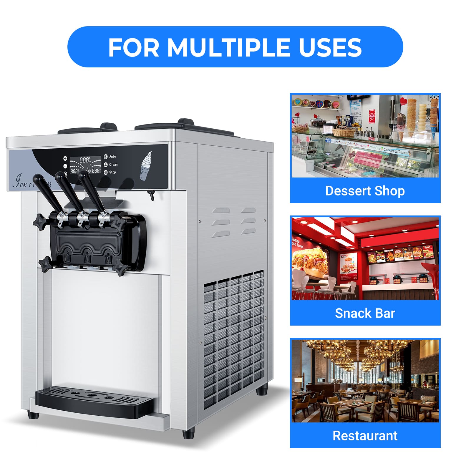 Leevot Commercial Soft Serve Countertop Ice Cream Machine with 2 Hoppers and 3 Dispensers for Restaurants and Snack Bars