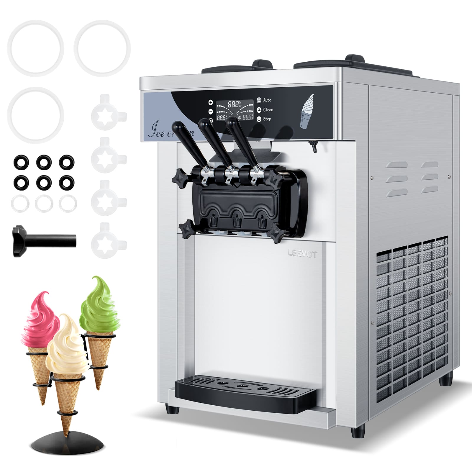 Leevot Commercial Soft Serve Countertop Ice Cream Machine with 2 Hoppers and 3 Dispensers for Restaurants and Snack Bars