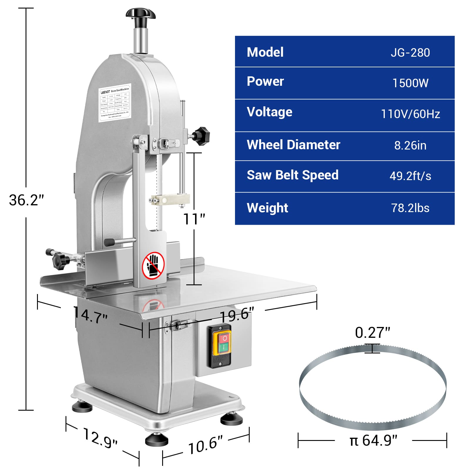 Leevot Electric Bone and Meat Saw Machine - 1500W Commercial Bandsaw Cutter for Frozen Meat, Chicken, Fish, Beef, and More