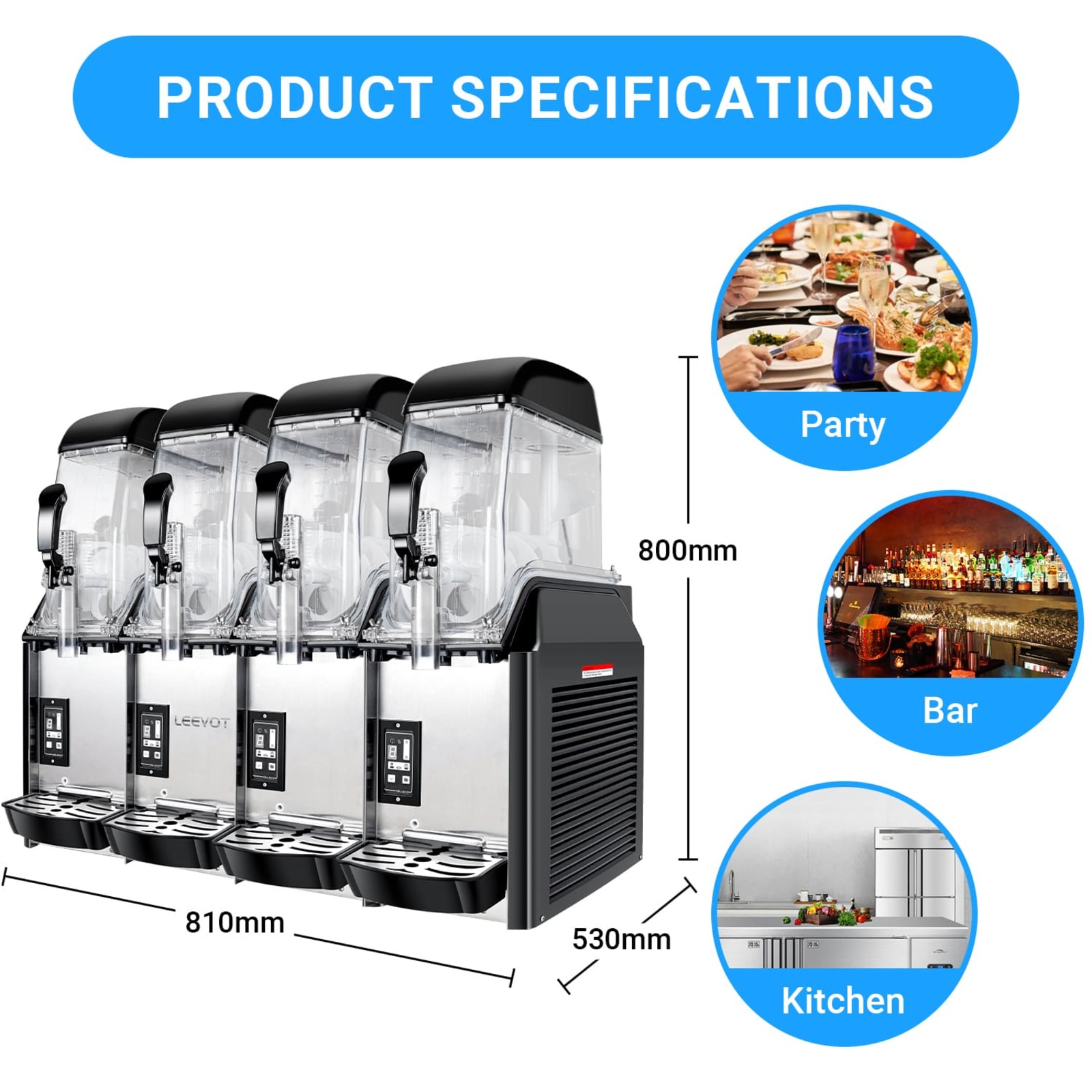 LEEVOT Quadruple Tank 3.2 Gallon Commercial Slushy Machine - Frozen Beverage Dispenser for Bars, Restaurants, and Parties