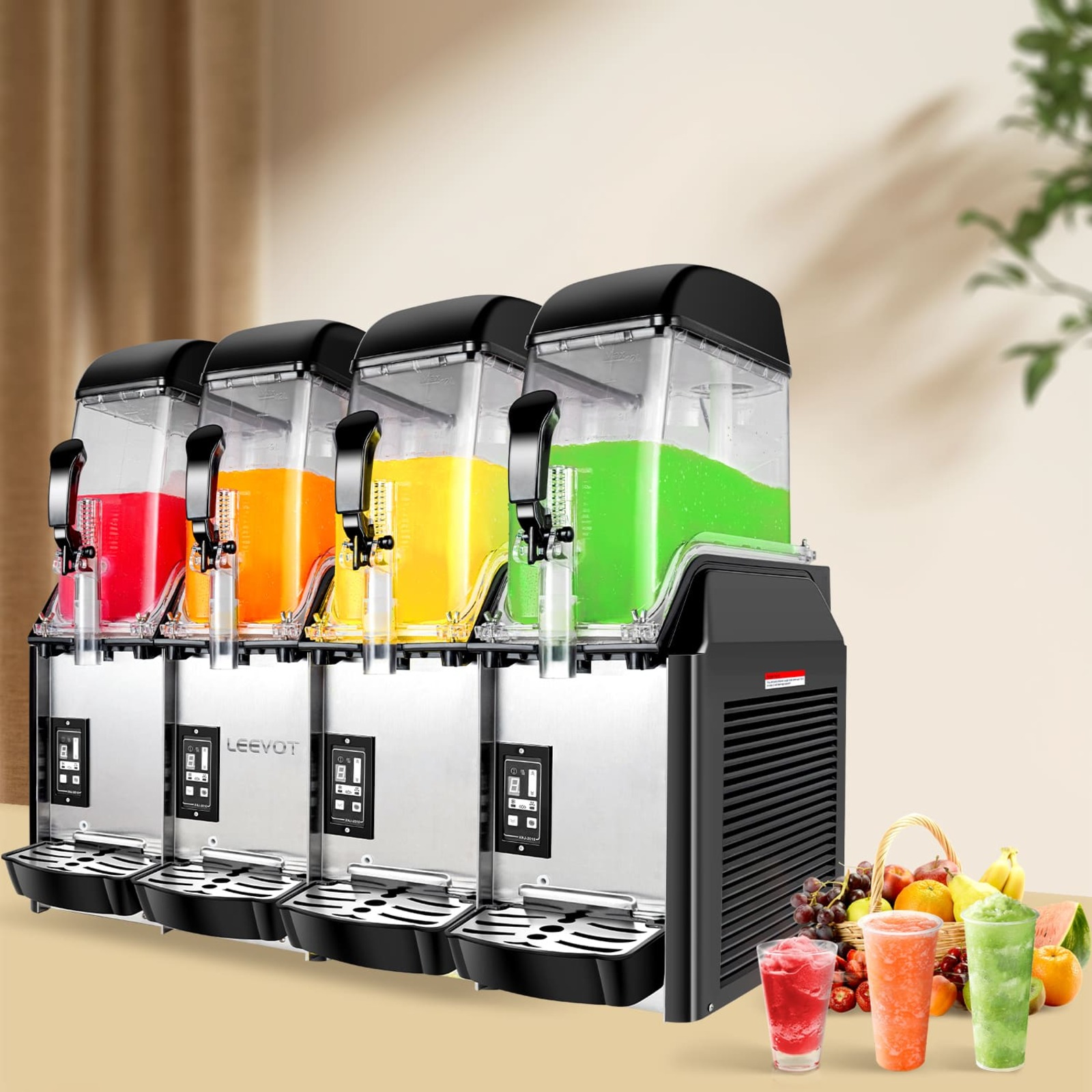LEEVOT Quadruple Tank 3.2 Gallon Commercial Slushy Machine - Frozen Beverage Dispenser for Bars, Restaurants, and Parties