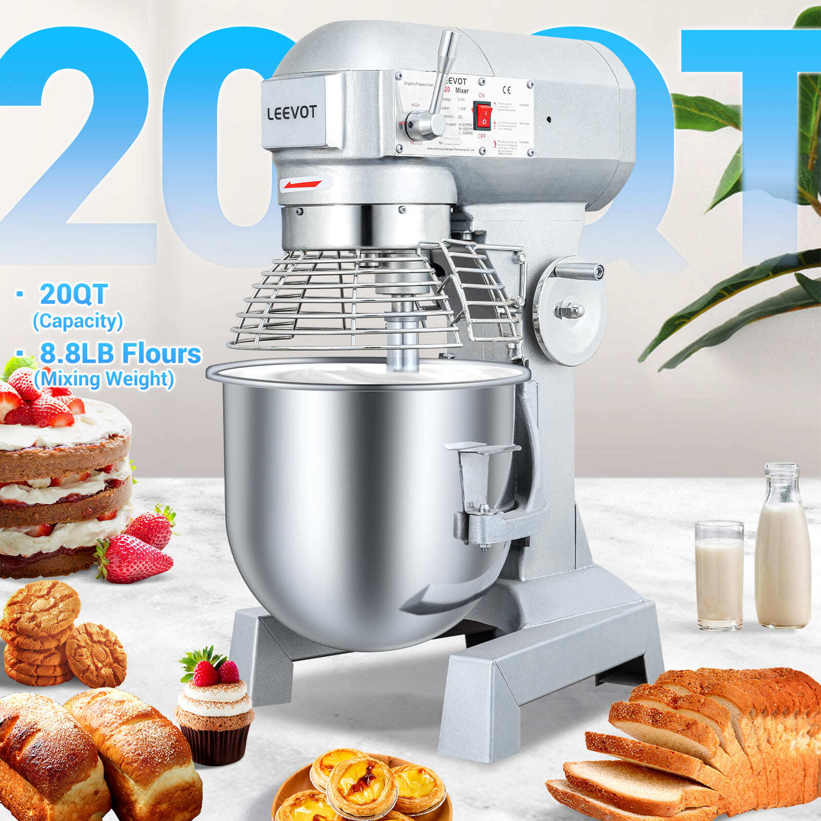 Leevot B20 professional Stand Mixer - Timing Function, Heavy Duty Electric Stand Mixer with Guard & Standard Accessories