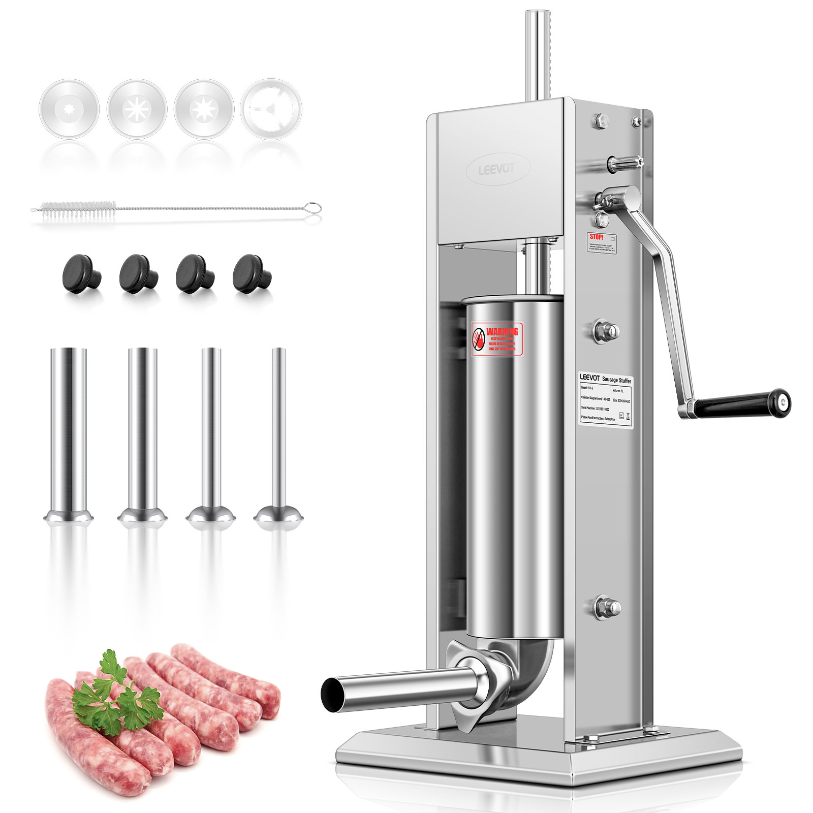 Leevot 11 lb. Vertical Manual Sausage Stuffer - Stainless Steel, 2 Speeds, 4 Filling Tubes