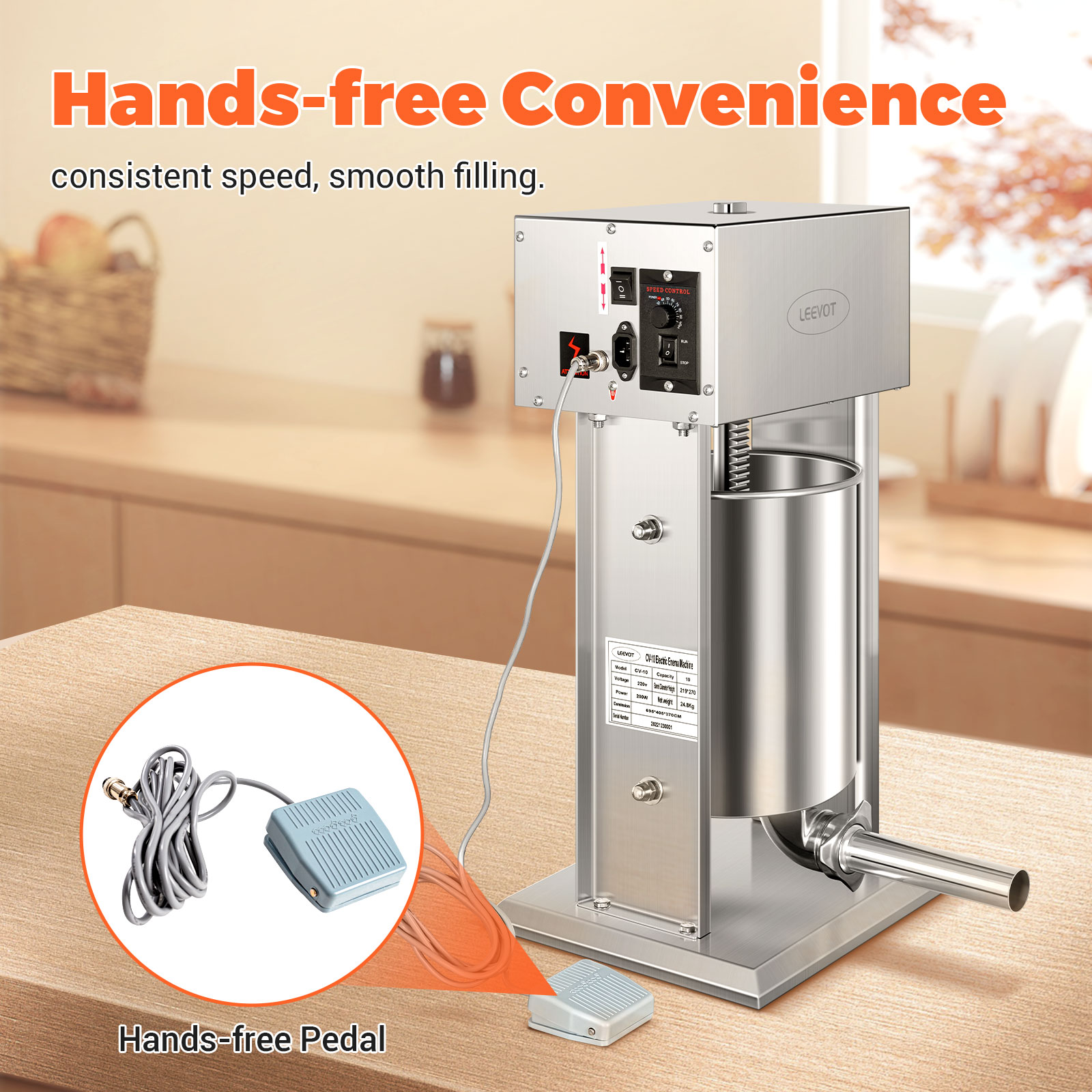 Leevot Electric Sausage Stuffer, 9 Speeds, 22Lb, Vertical, Stainless Steel with 4 Tubes, Home and Commercial Use