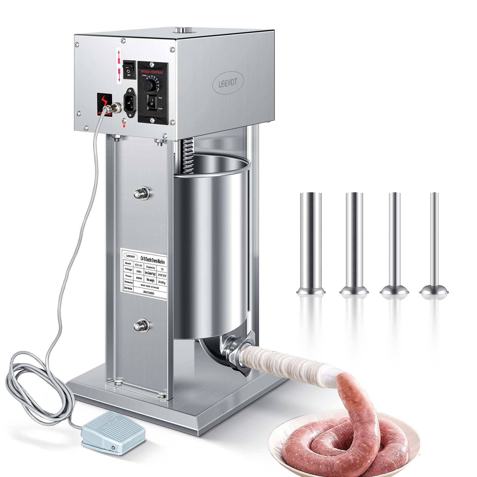 Leevot Electric Sausage Stuffer, 9 Speeds, 22Lb, Vertical, Stainless Steel with 4 Tubes, Home and Commercial Use