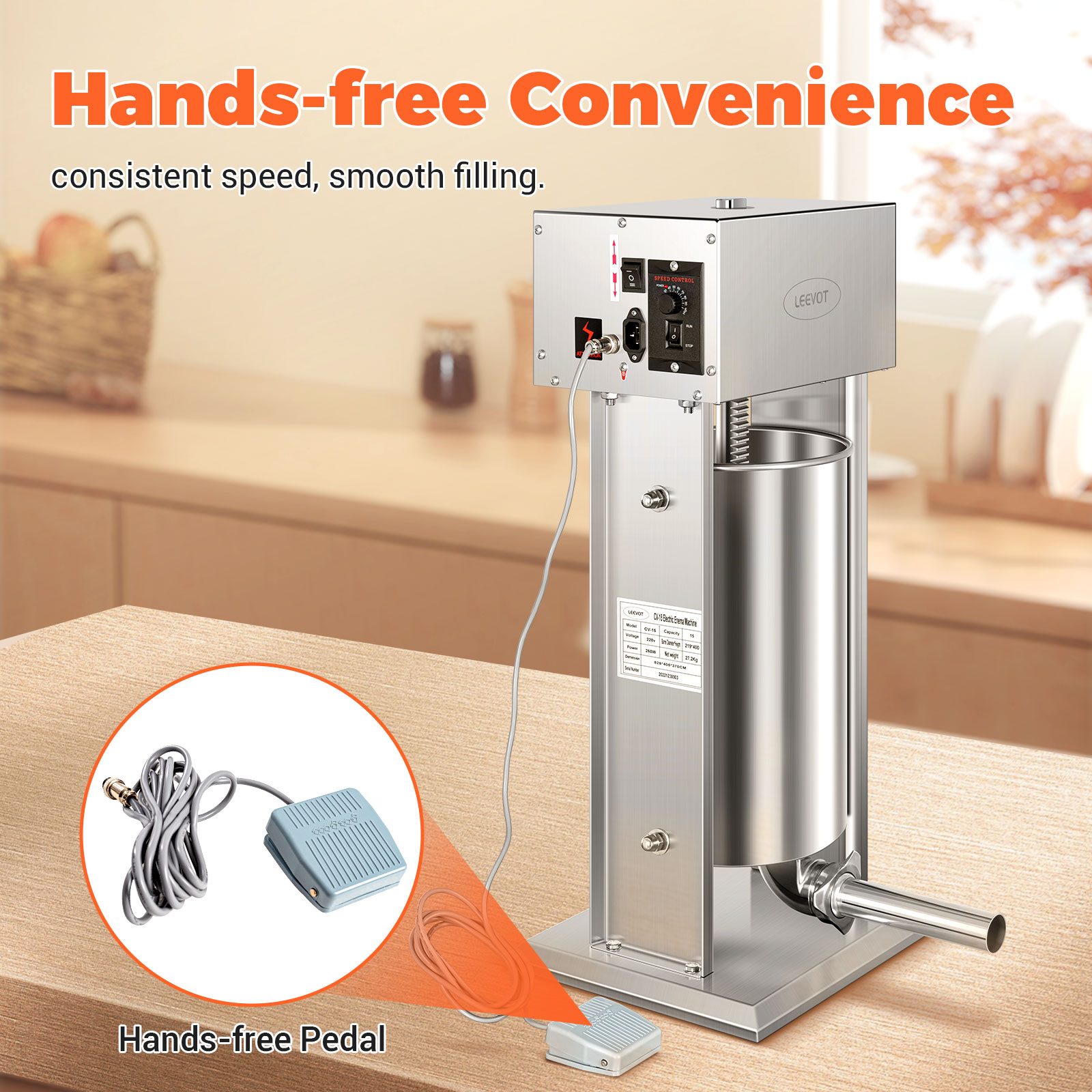 Leevot Electric Sausage Stuffer, 9 Speeds, 33Lb, Vertical, Stainless Steel with 4 Tubes, Home and Commercial Use