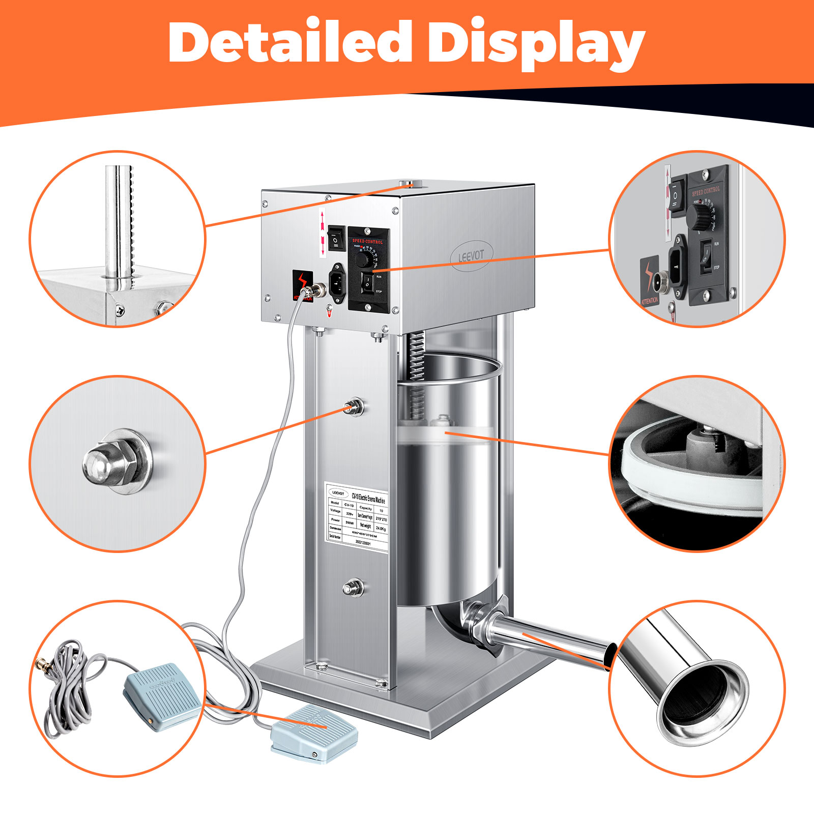 Leevot Electric Sausage Stuffer, 9 Speeds, 22Lb, Vertical, Stainless Steel with 4 Tubes, Home and Commercial Use