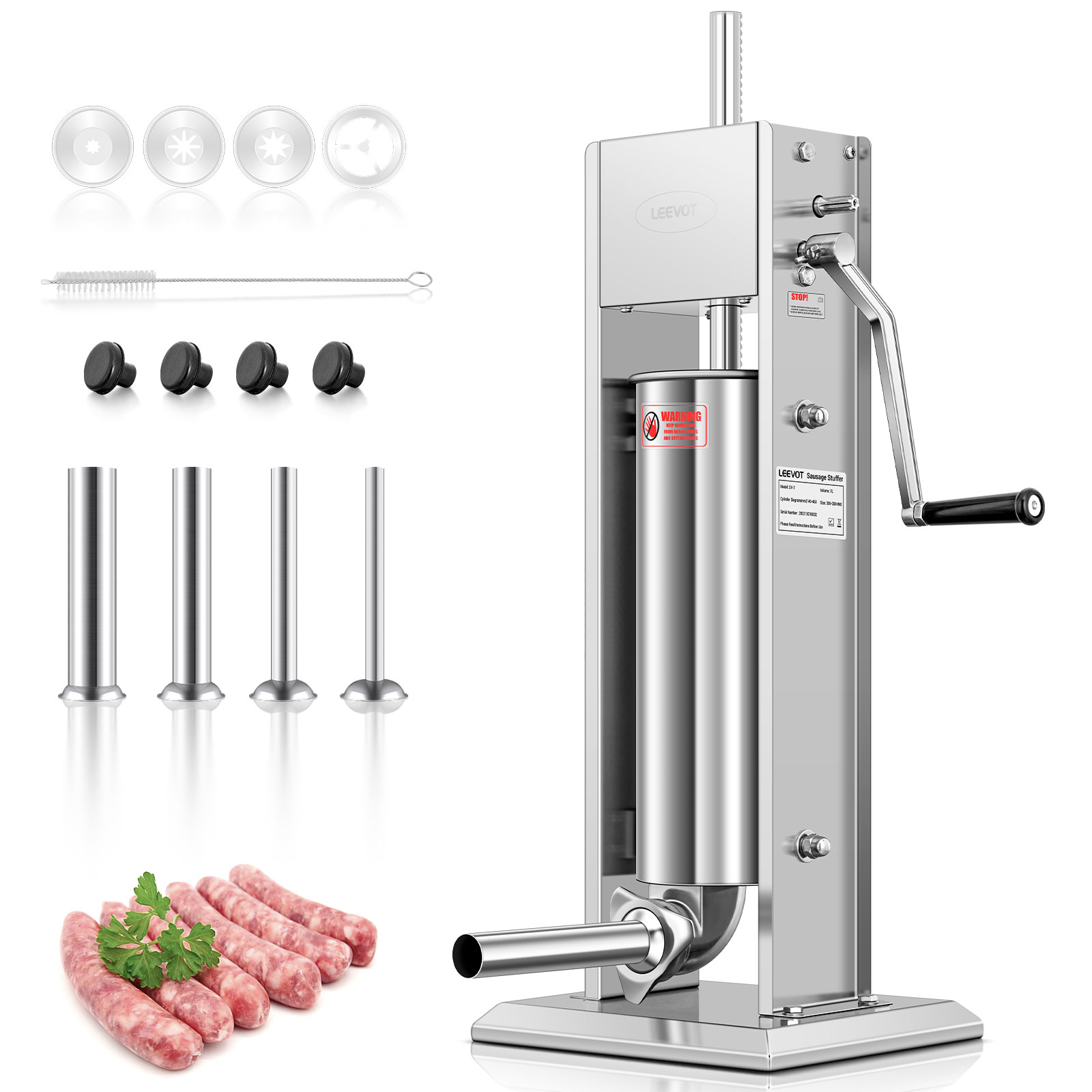 Leevot 15 lb. Vertical Manual Sausage Stuffer - Stainless Steel, 2 Speeds, 4 Filling Tubes