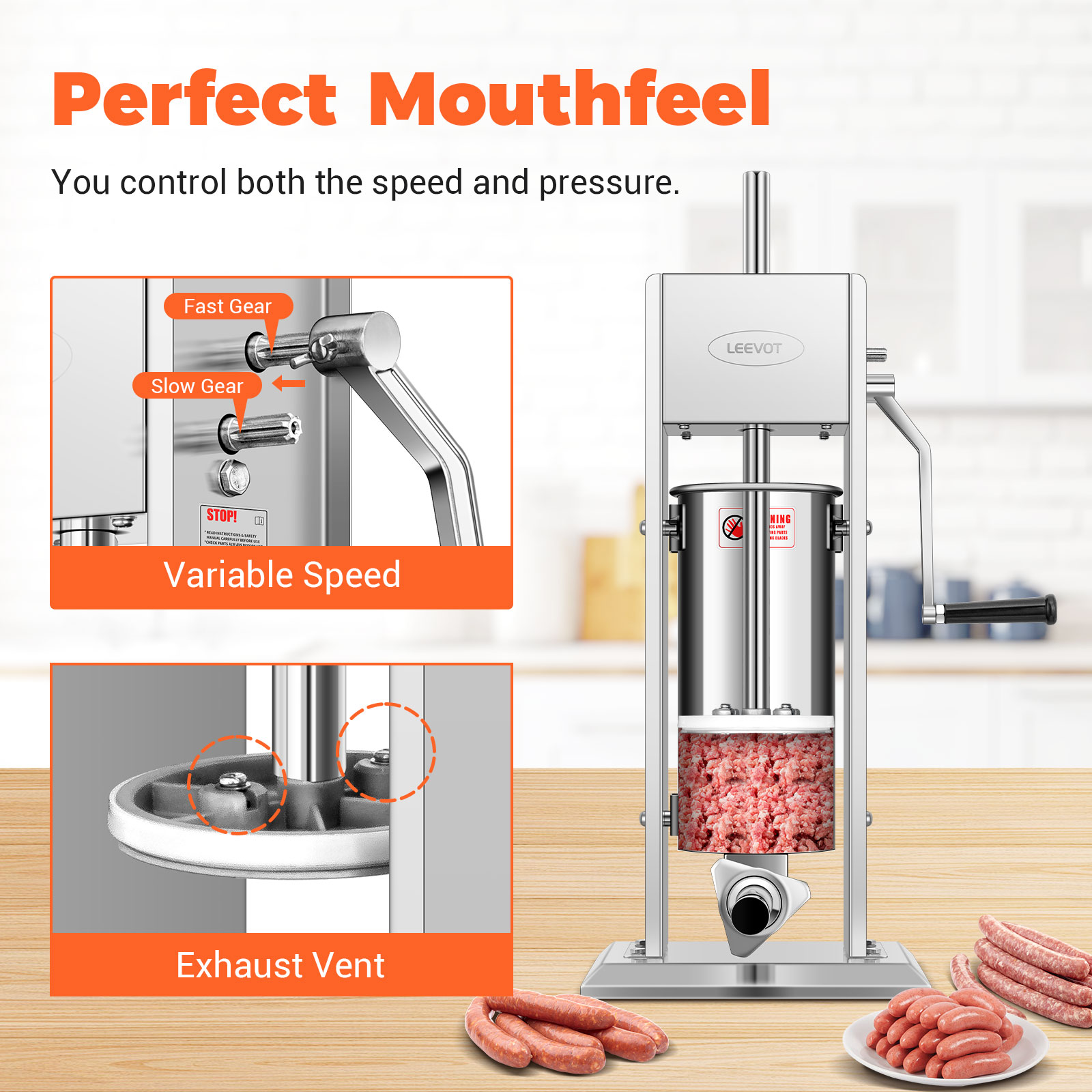 Leevot 15 lb. Vertical Manual Sausage Stuffer - Stainless Steel, 2 Speeds, 4 Filling Tubes