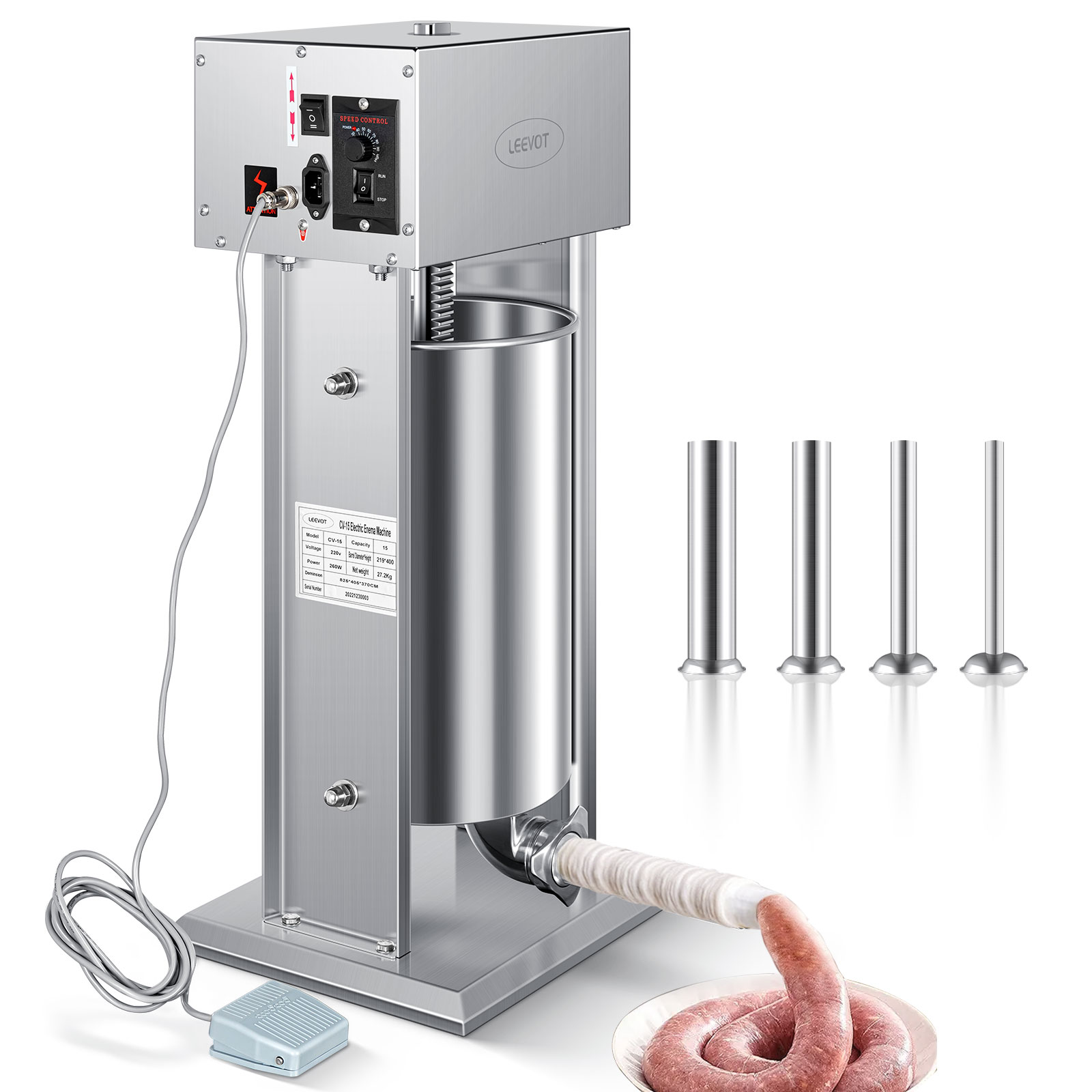 Leevot Electric Sausage Stuffer, 9 Speeds, 33Lb, Vertical, Stainless Steel with 4 Tubes, Home and Commercial Use