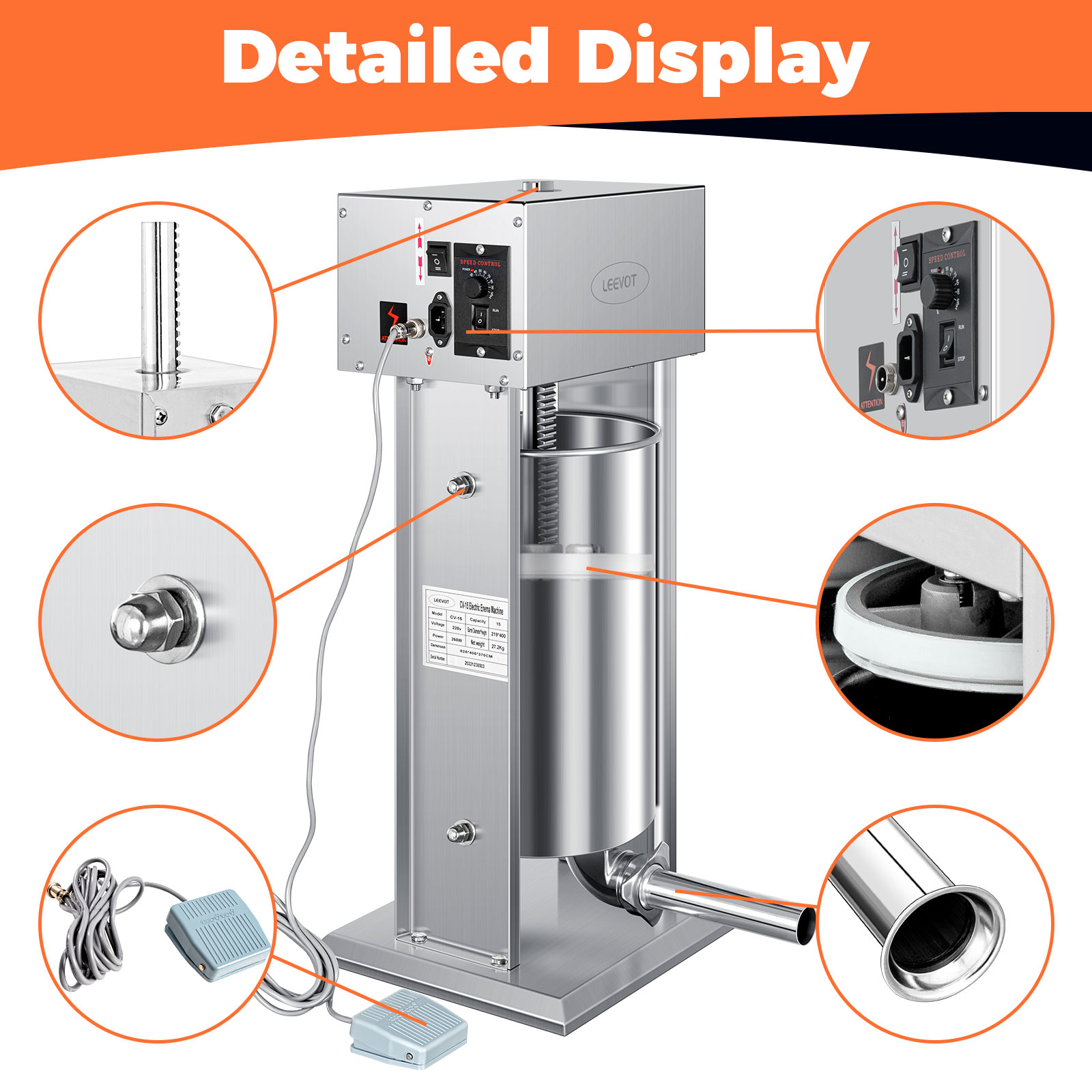 Leevot Electric Sausage Stuffer, 9 Speeds, 33Lb, Vertical, Stainless Steel with 4 Tubes, Home and Commercial Use