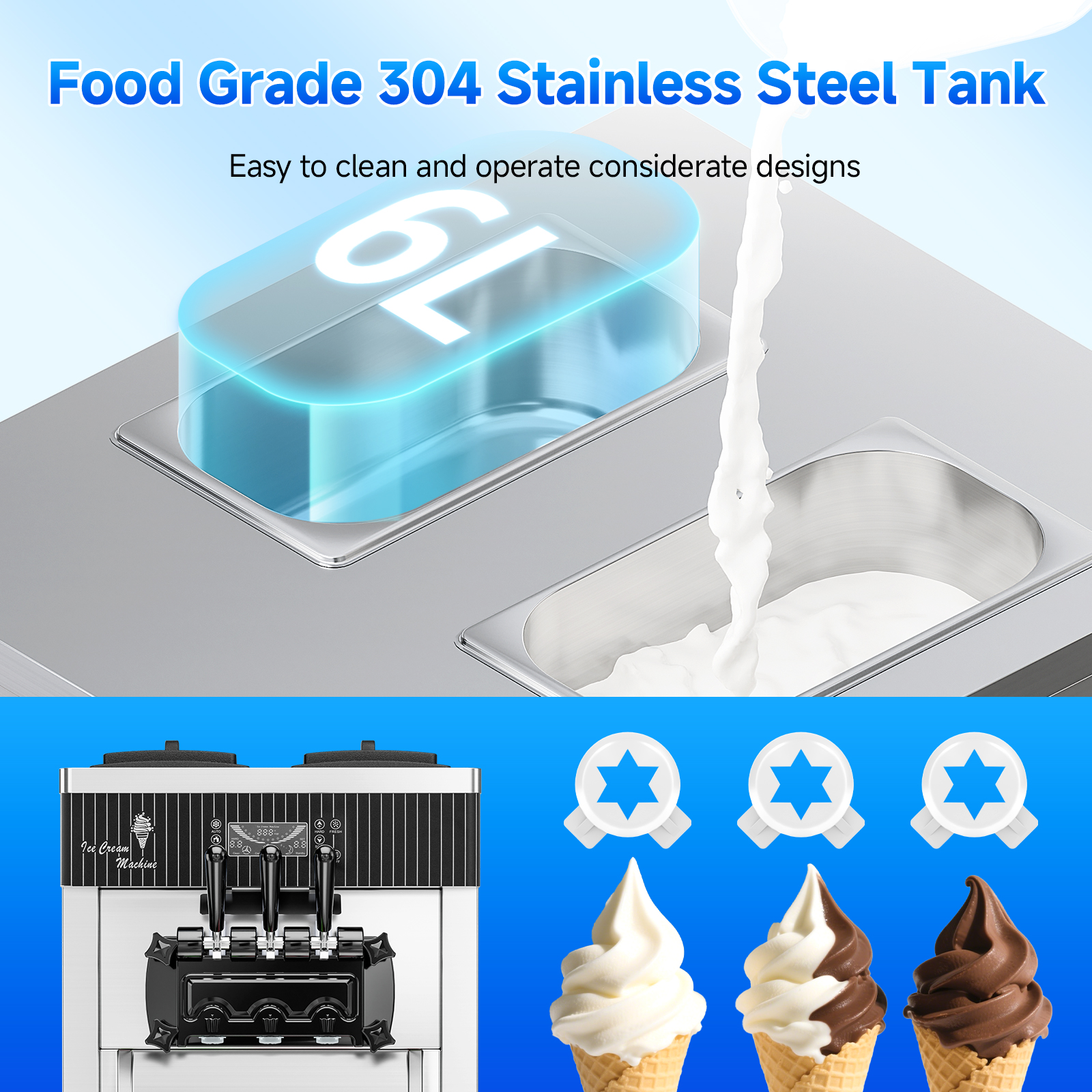 Leevot Commercial Soft Serve Countertop Ice Cream Machine with 2 Hoppers and 3 Dispensers 110V60Hz