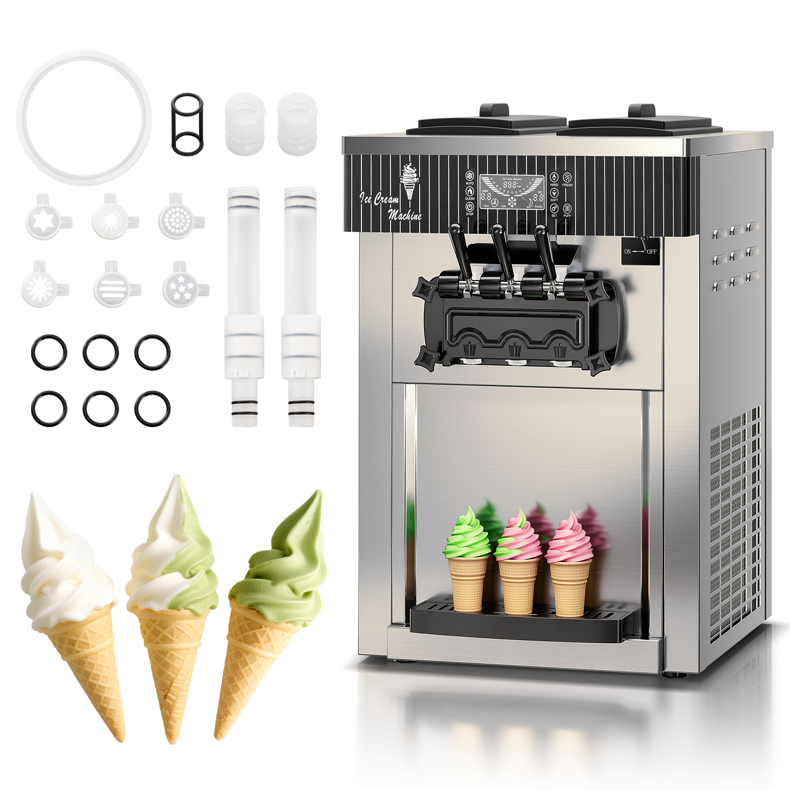 Leevot Commercial Soft Serve Countertop Ice Cream Machine with 2 Hoppers and 3 Dispensers 110V60Hz