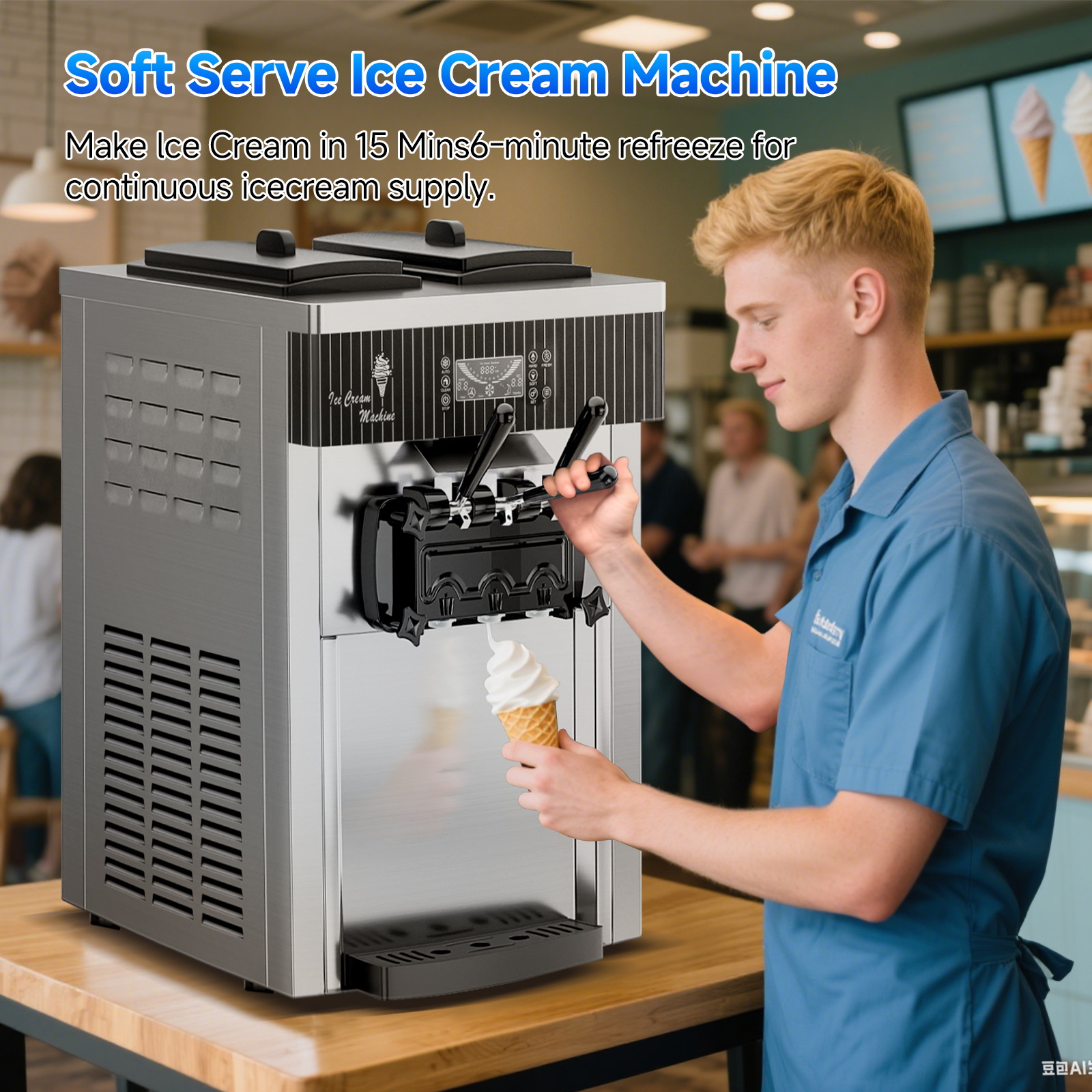 Leevot Commercial Soft Serve Countertop Ice Cream Machine with 2 Hoppers and 3 Dispensers 110V60Hz