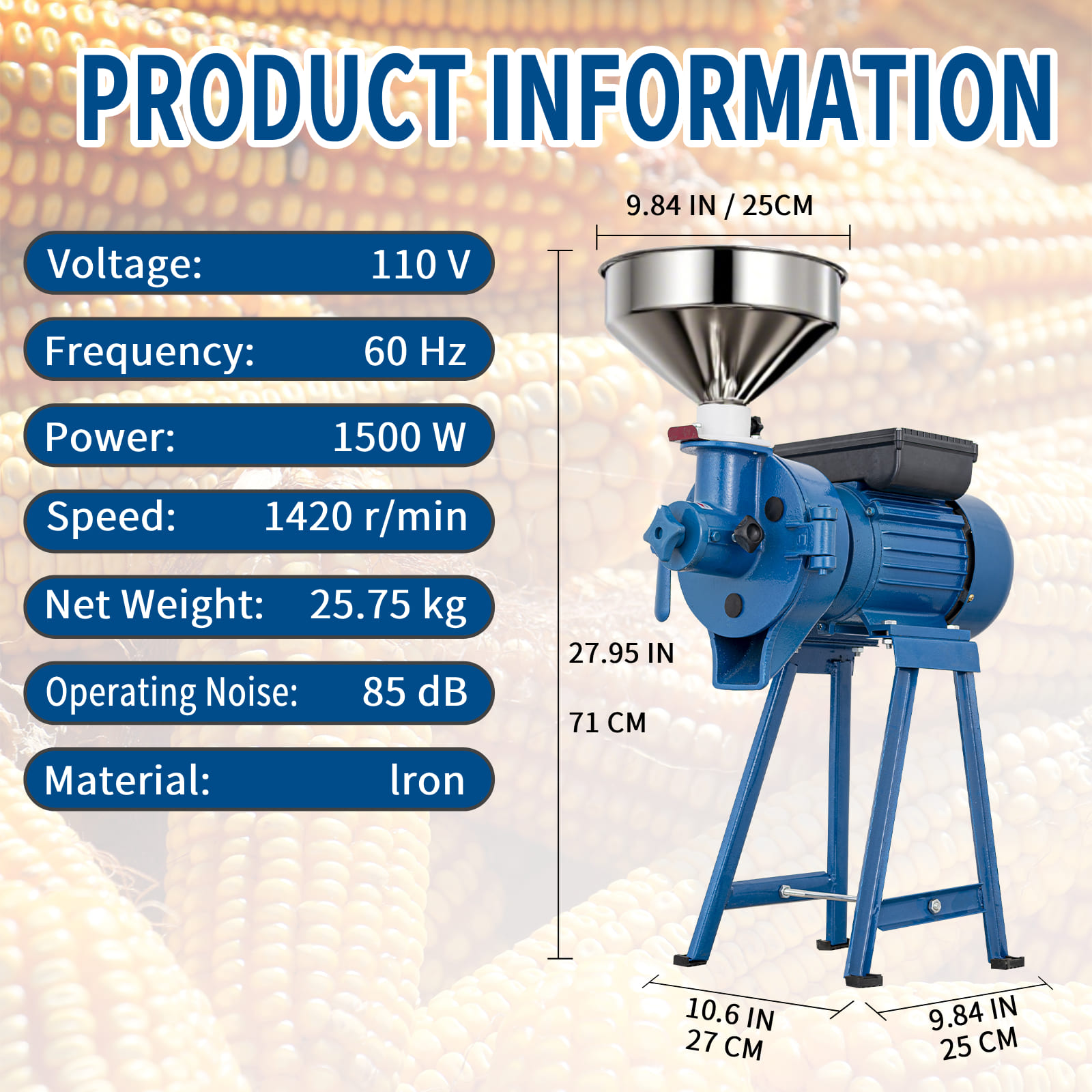 Leevot 1500W Electric Grain Mill Grinder, Heavy-Duty Commercial Corn & Grain Grinder with Funnel, Adjustable Thickness, Wet & Dry Grain Pulverizer for Rice, Wheat, Soybeans, and Feed