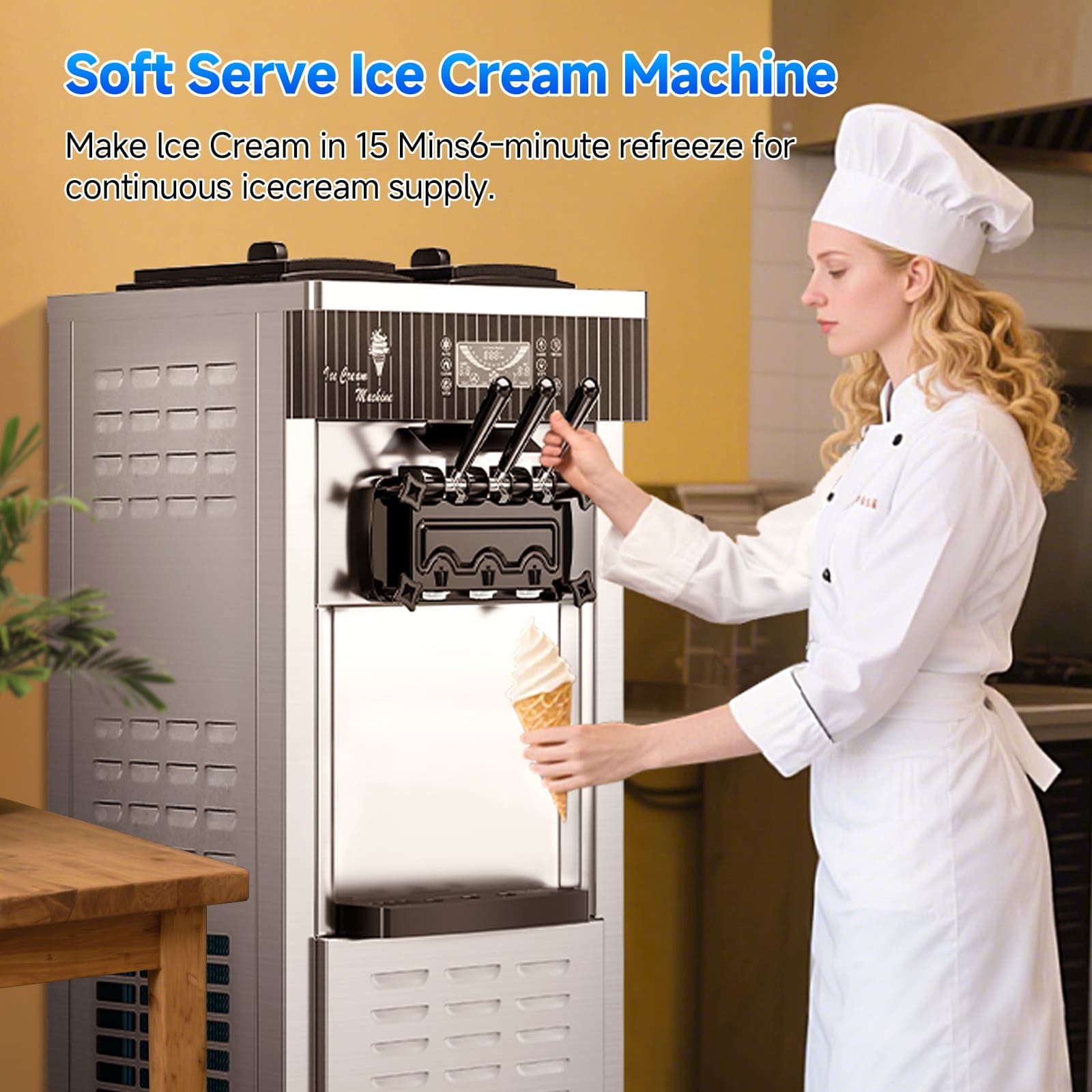 Leevot Soft Serve Ice Cream Machine 28 Qt/H – 2450W, Dual 6L Hoppers, 3 Dispensers, LCD Display, Self-Cleaning & Pre-Cooling, for Restaurants and Bars