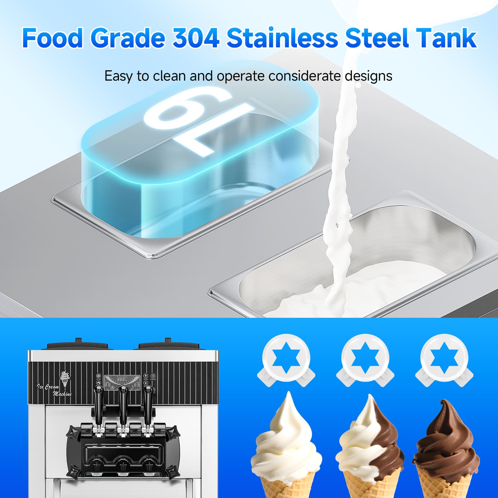 Leevot Soft Serve Ice Cream Machine 28 Qt/H – 2450W, Dual 6L Hoppers, 3 Dispensers, LCD Display, Self-Cleaning & Pre-Cooling, for Restaurants and Bars