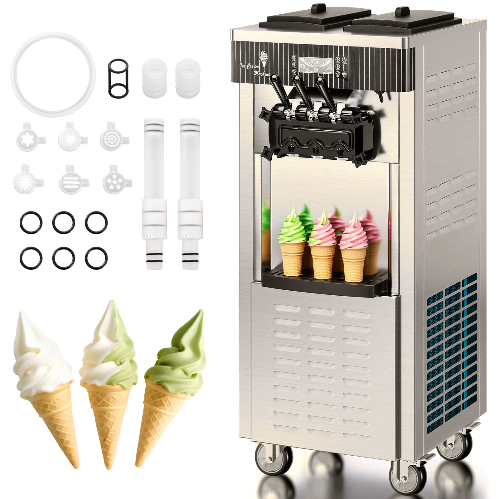Leevot Soft Serve Ice Cream Machine 28 Qt/H – 2450W, Dual 6L Hoppers, 3 Dispensers, LCD Display, Self-Cleaning & Pre-Cooling, for Restaurants and Bars